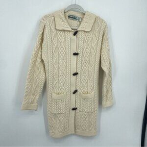 Arancrafts Ivory Long Irish 100% Merino Wool Cardigan Sweater Coat button S